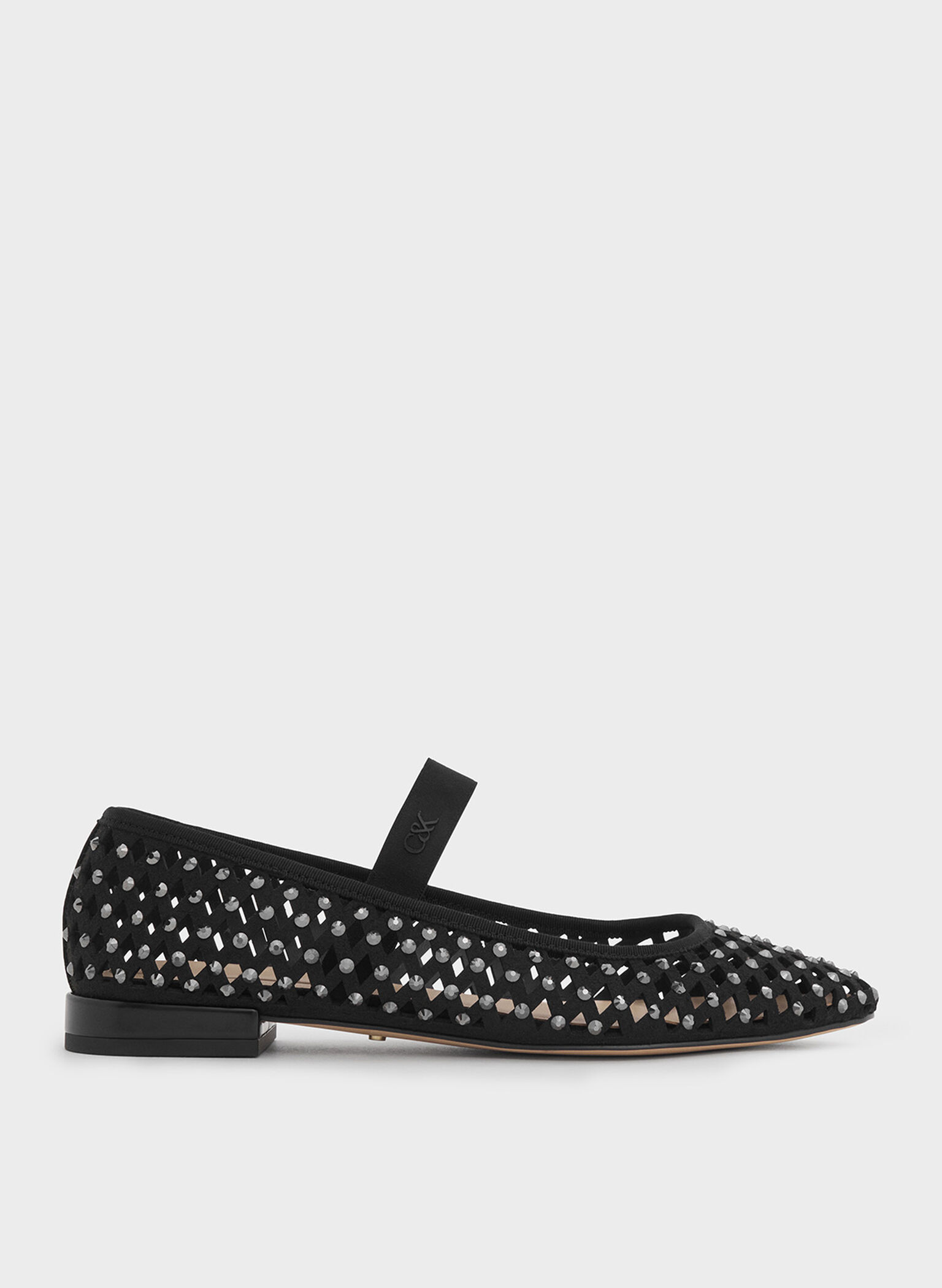 Studded Cut-Out Mary Jane Flats, Black, hi-res