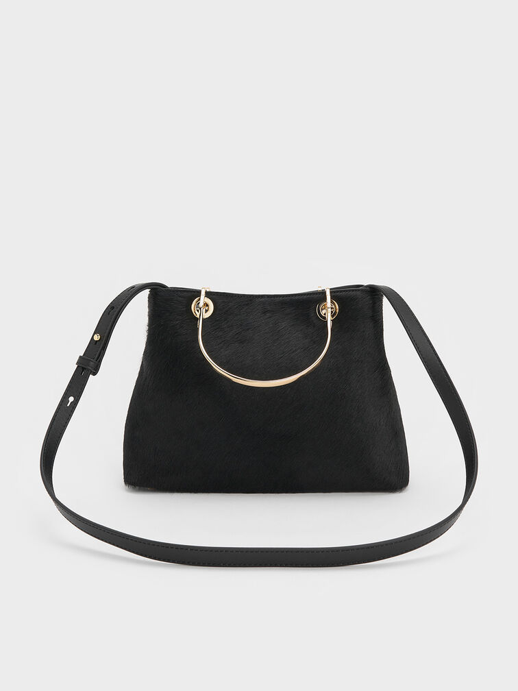 Pony Hair & Leather Ring-Handle Bag, Black, hi-res