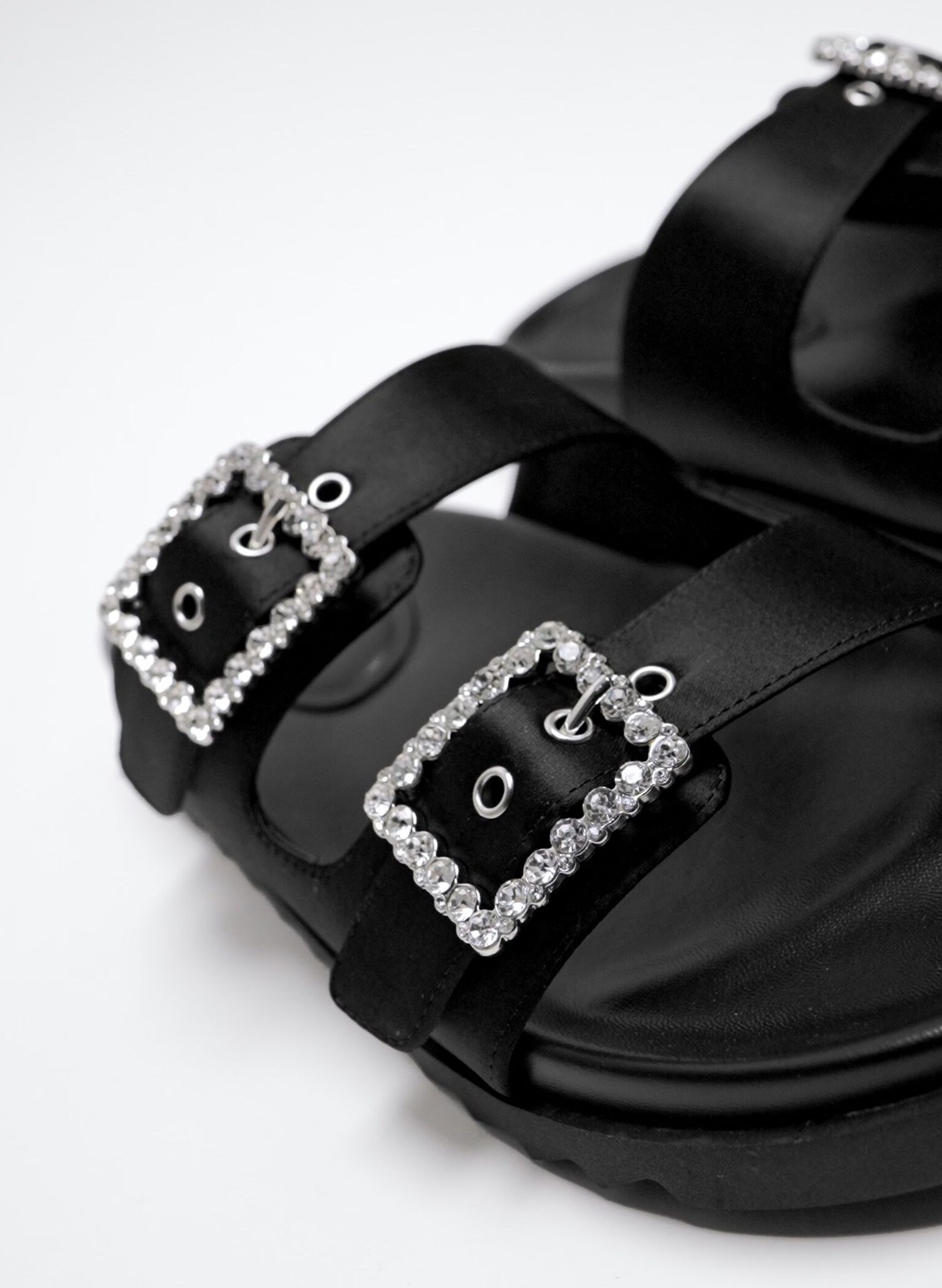 Recycled Polyester Gem-Buckle Double-Strap Sandals, Black Textured, hi-res