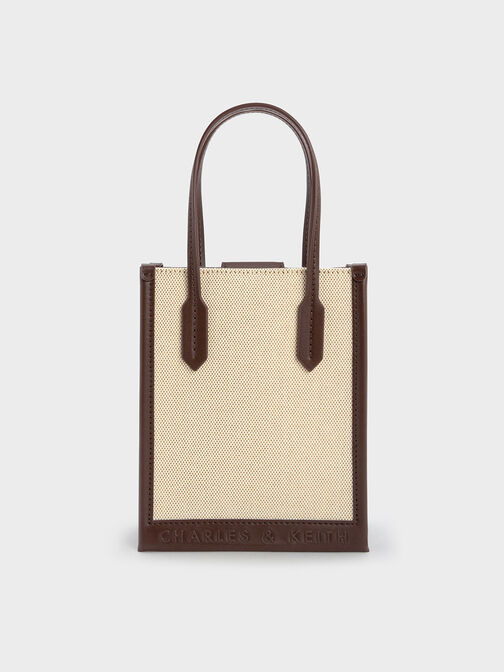Canvas Geometric Tote Bag, Dark Brown, hi-res
