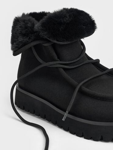 Textured Fur-Lined Ridged-Sole Ankle Boots, Black, hi-res