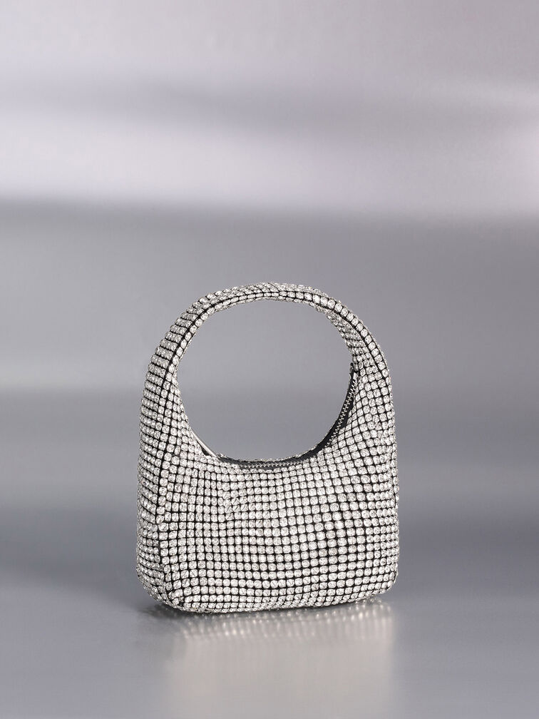 Crystal-Embellished Hobo Bag, Silver, hi-res