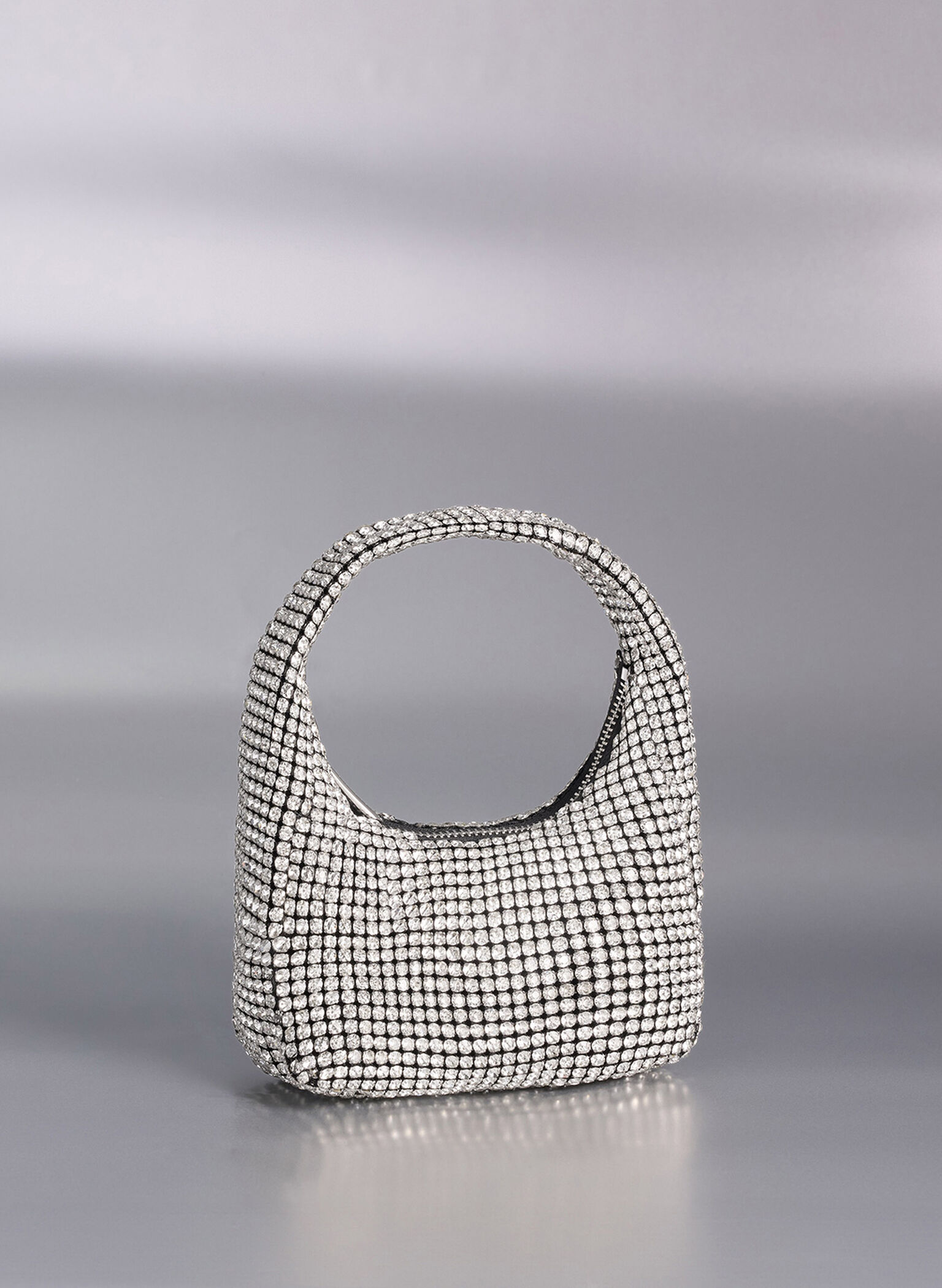 Crystal-Embellished Hobo Bag, Silver, hi-res