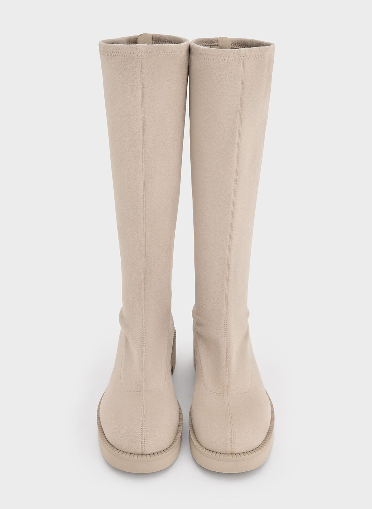 Faux Suede Chunky-Sole Knee-High Boots, Beige, hi-res
