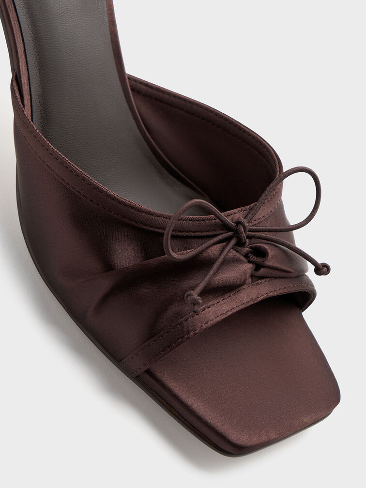 Satin Ruched Bow Heeled Mules, Dark Brown, hi-res