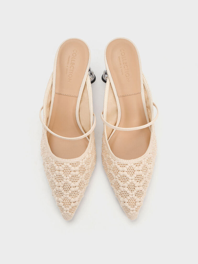 Crochet & Leather Beaded Heel Mules, Cream, hi-res