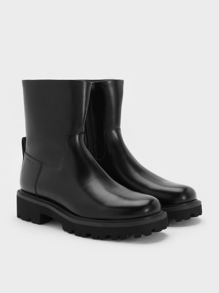 Devan Side-Zip Ridged-Sole Calf Boots, Black, hi-res