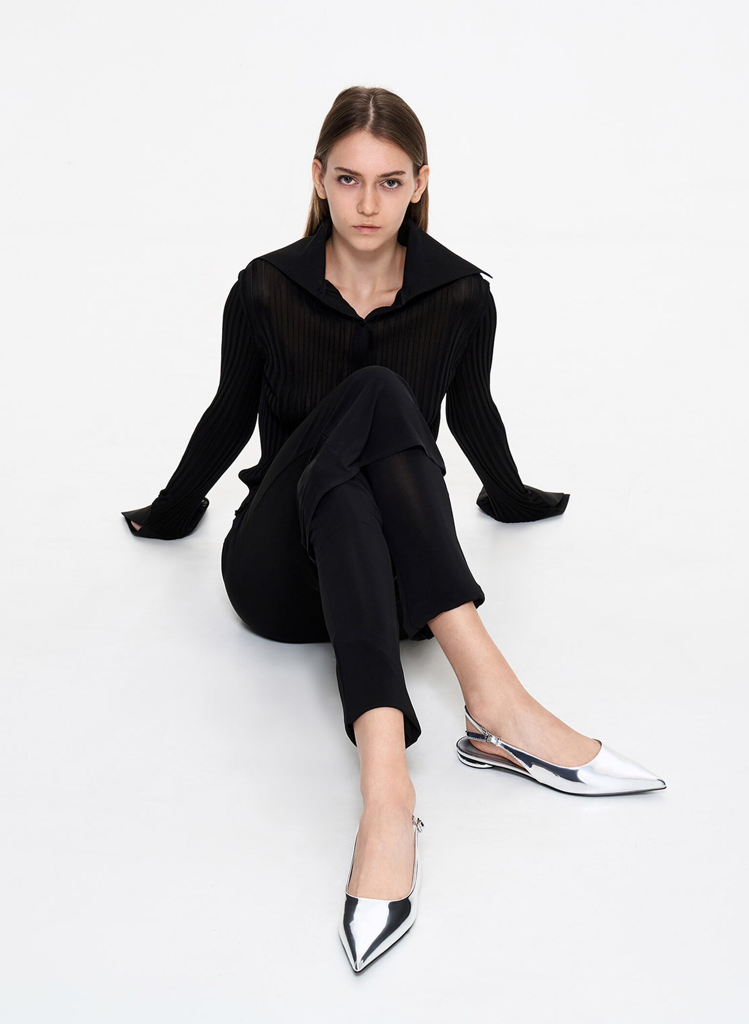 Metallic Pointed-Toe Slingback Flats, Silver, hi-res