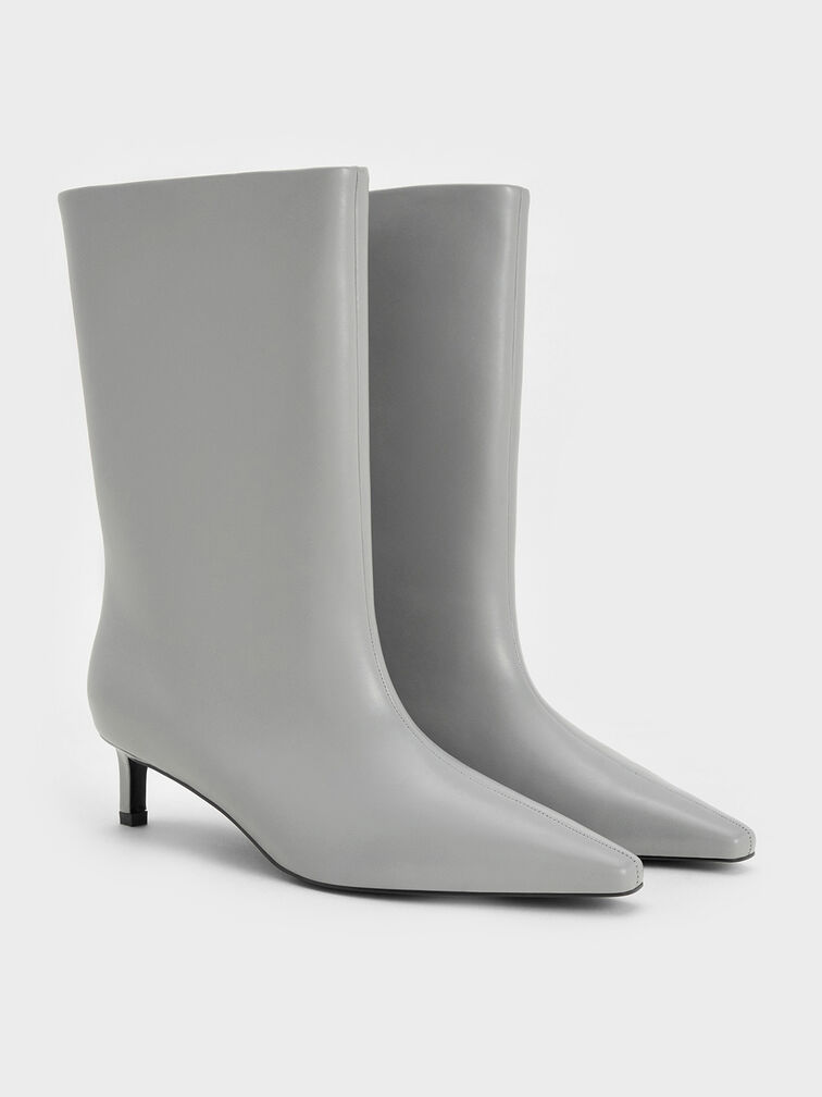 Elongated Tapered-Toe Kitten-Heel Calf Boots, Grey, hi-res