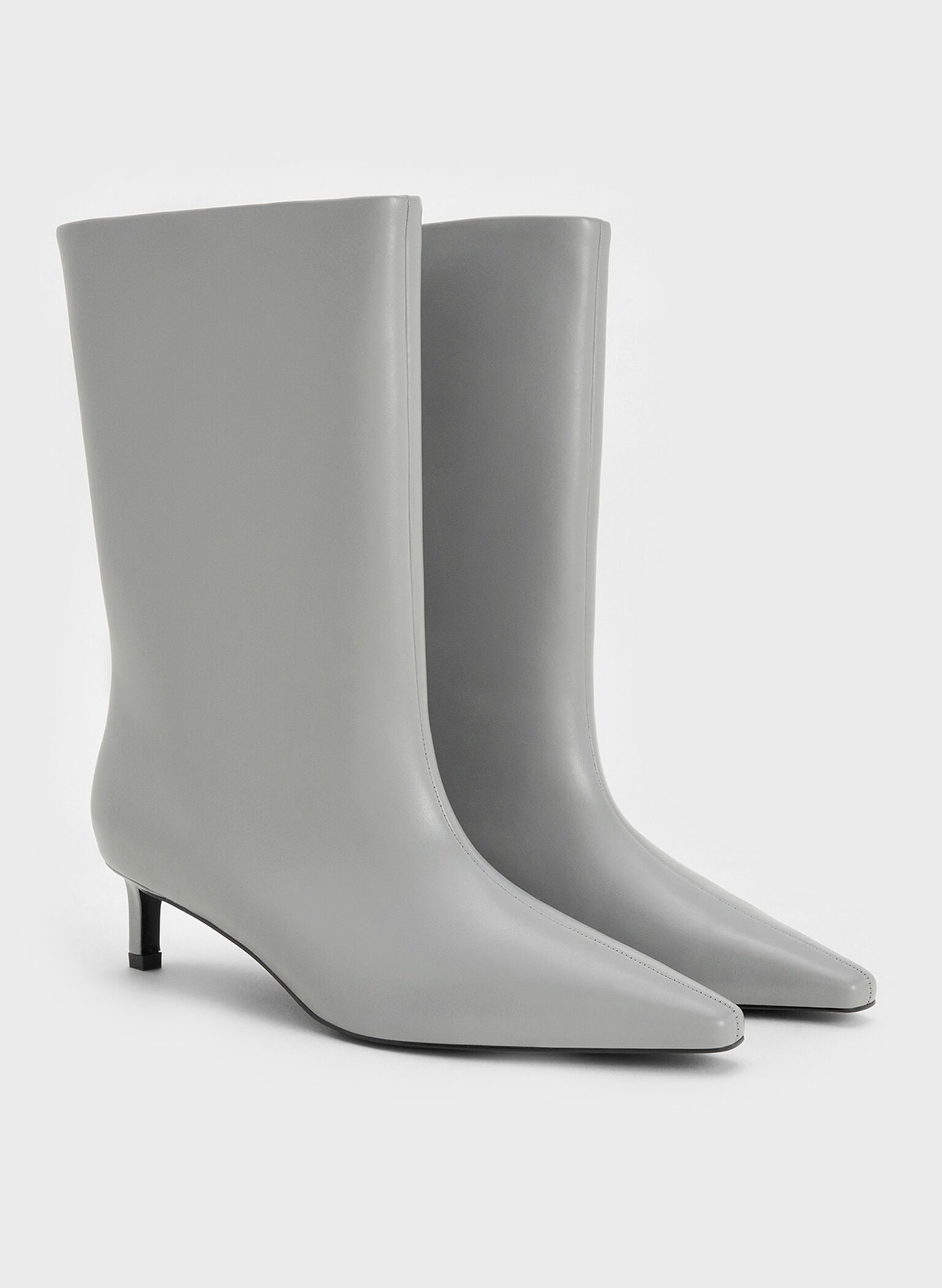 Elongated Tapered-Toe Kitten-Heel Calf Boots, Grey, hi-res