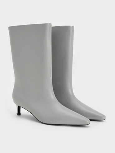 Elongated Tapered-Toe Kitten-Heel Calf Boots, Grey, hi-res