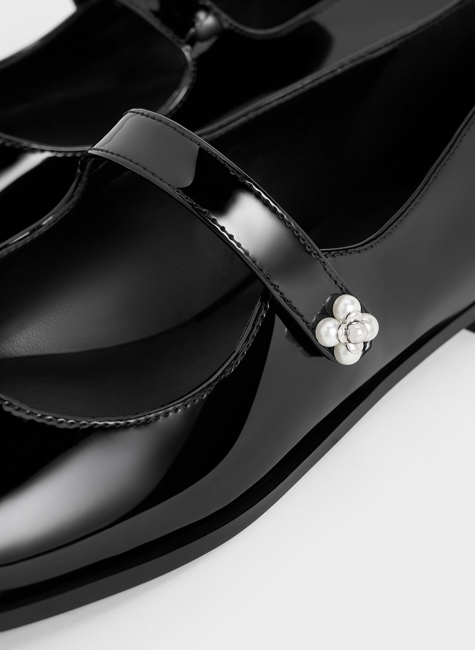 Patent Pearl-Embellished Flower-Buckle Cap-Toe Mary Janes, Black Patent, hi-res