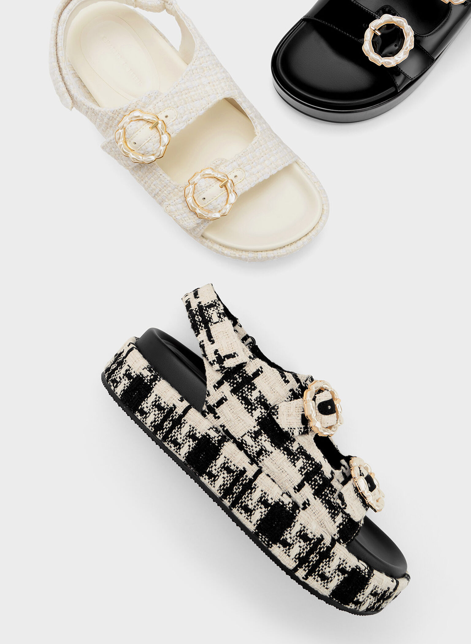 Tweed Pearl-Buckle Double Strap Sandals, Black Textured, hi-res