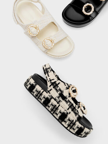 Tweed Pearl-Buckle Double Strap Sandals, Black Textured, hi-res
