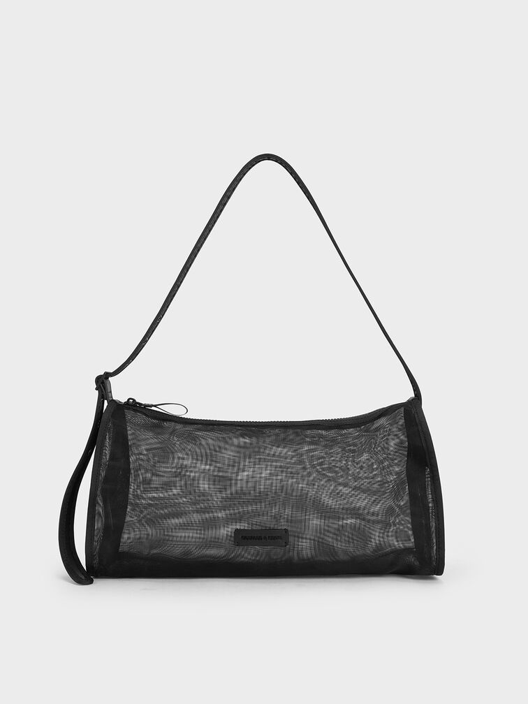 Mesh Elongated Shoulder Bag, Jet Black, hi-res