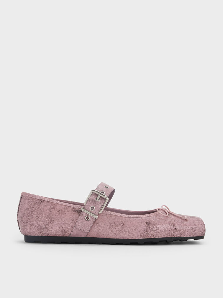 Myler Crinkle-Effect Bow Square-Toe Buckled Mary Janes, Pink, hi-res