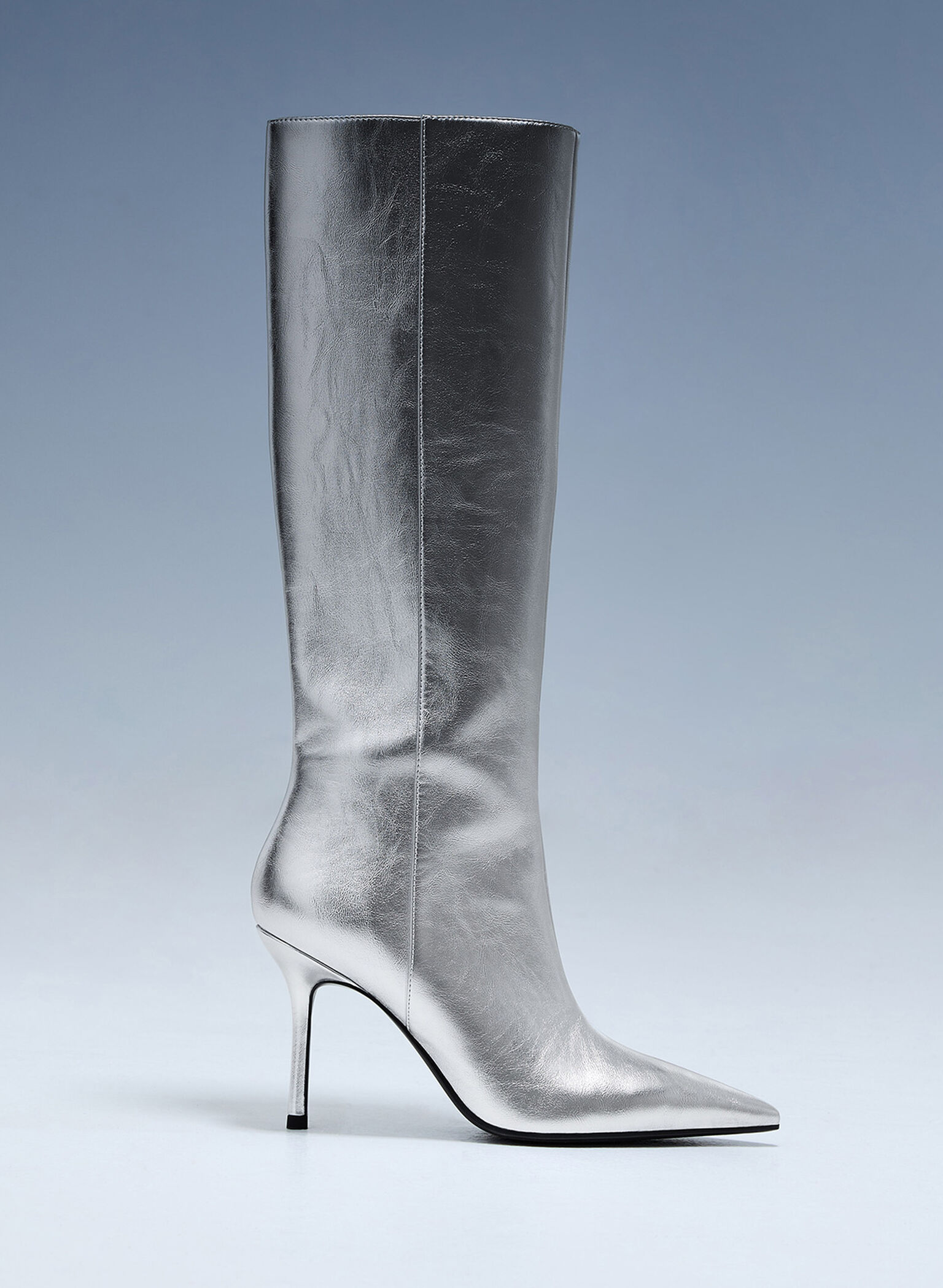 Metallic Pointed-Toe Stiletto-Heel Knee-High Boots, Silver, hi-res
