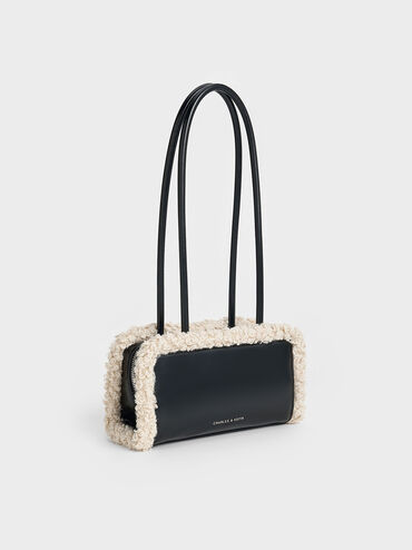 Fur-Trim Elongated-Handle Shoulder Bag, Chalk, hi-res