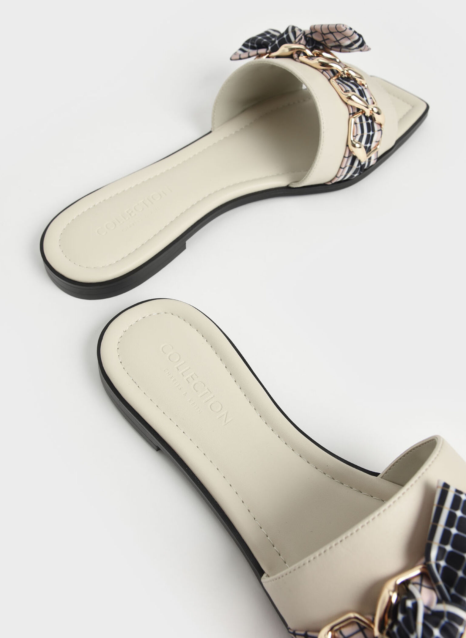 Printed Fabric Scarf Leather Slide Sandals, Chalk, hi-res