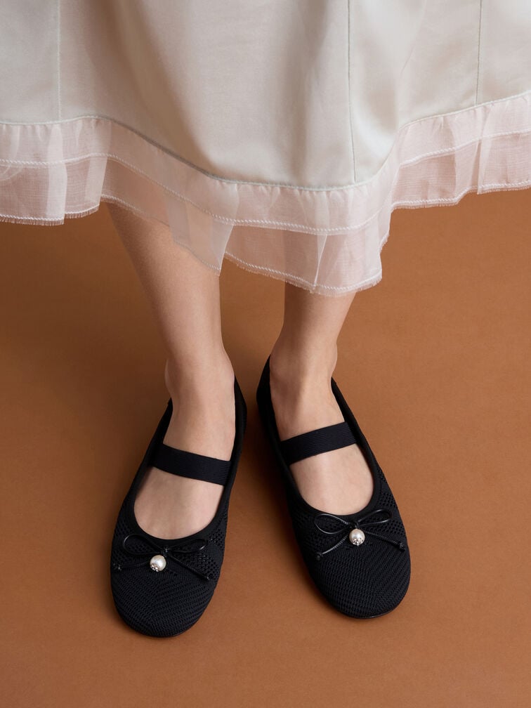 Knitted Pearl-Accent Bow Ballet Flats, Black Textured, hi-res