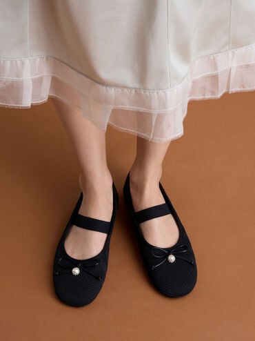 Knitted Pearl-Accent Bow Ballet Flats, Black Textured, hi-res