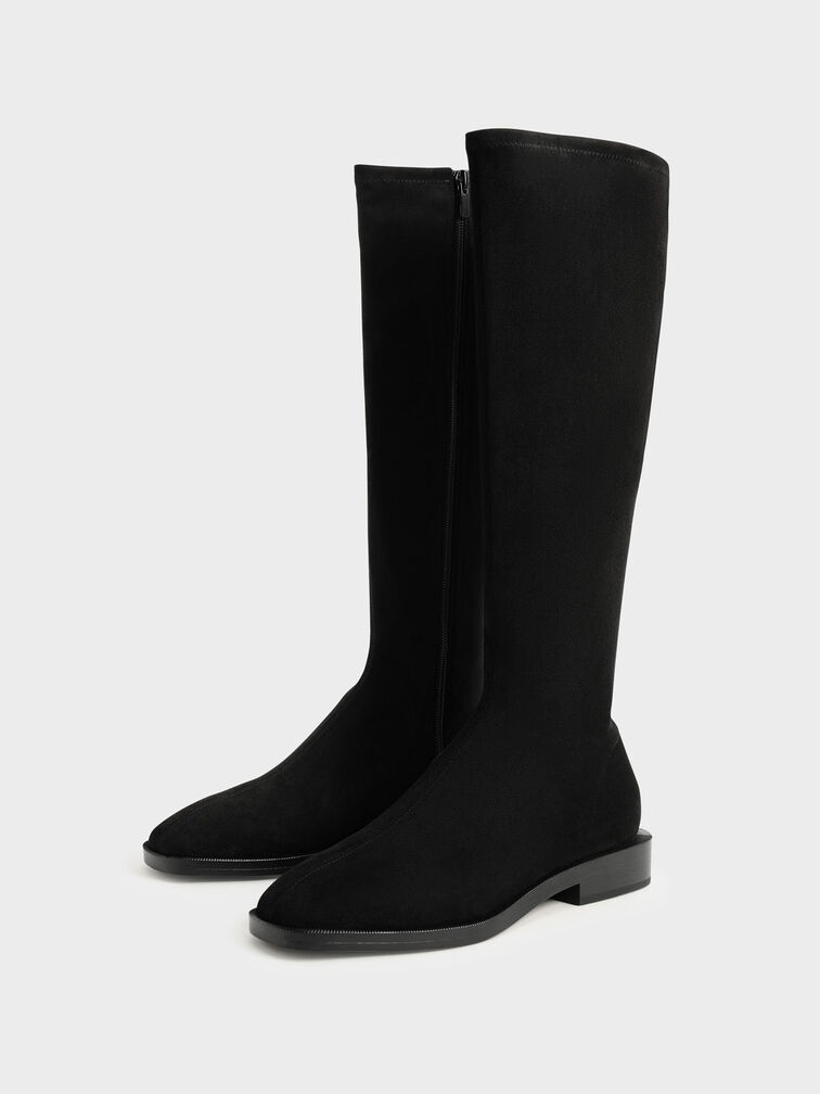 Sasky Faux Suede Knee High Flat Boots, Black Textured, hi-res