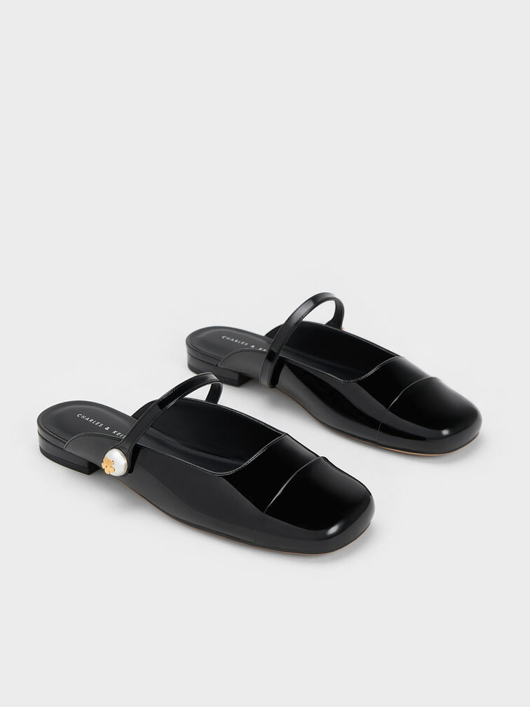 Pearl Embellished Patent Flat Mules, Black Patent, hi-res