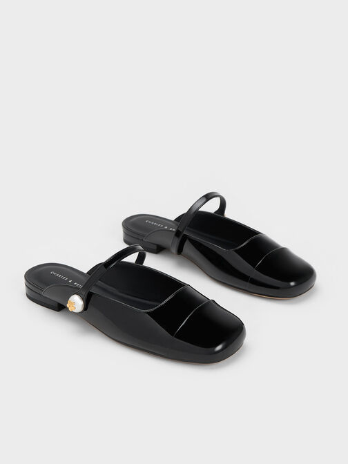 Pearl Embellished Patent Flat Mules, Black Patent, hi-res