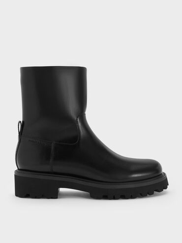 Devan Side-Zip Ridged-Sole Calf Boots, Black, hi-res