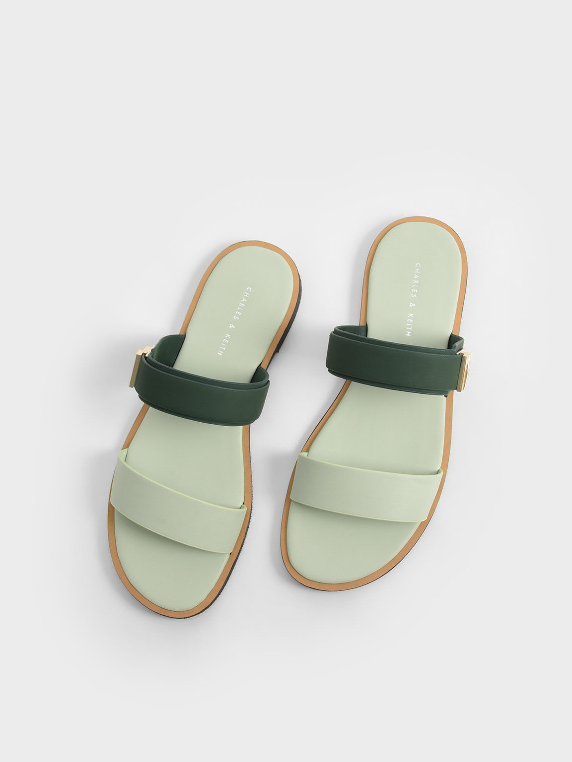 Metallic Buckle Slide Sandals, Green, hi-res