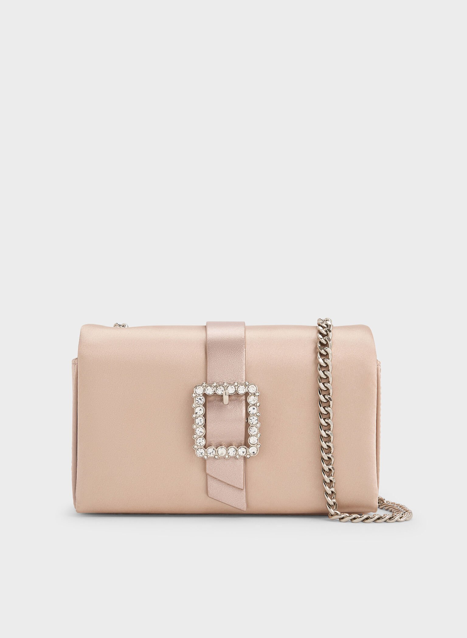 Satin Crystal-Buckle Belted Chain-Handle Bag, Sunset Nude, hi-res