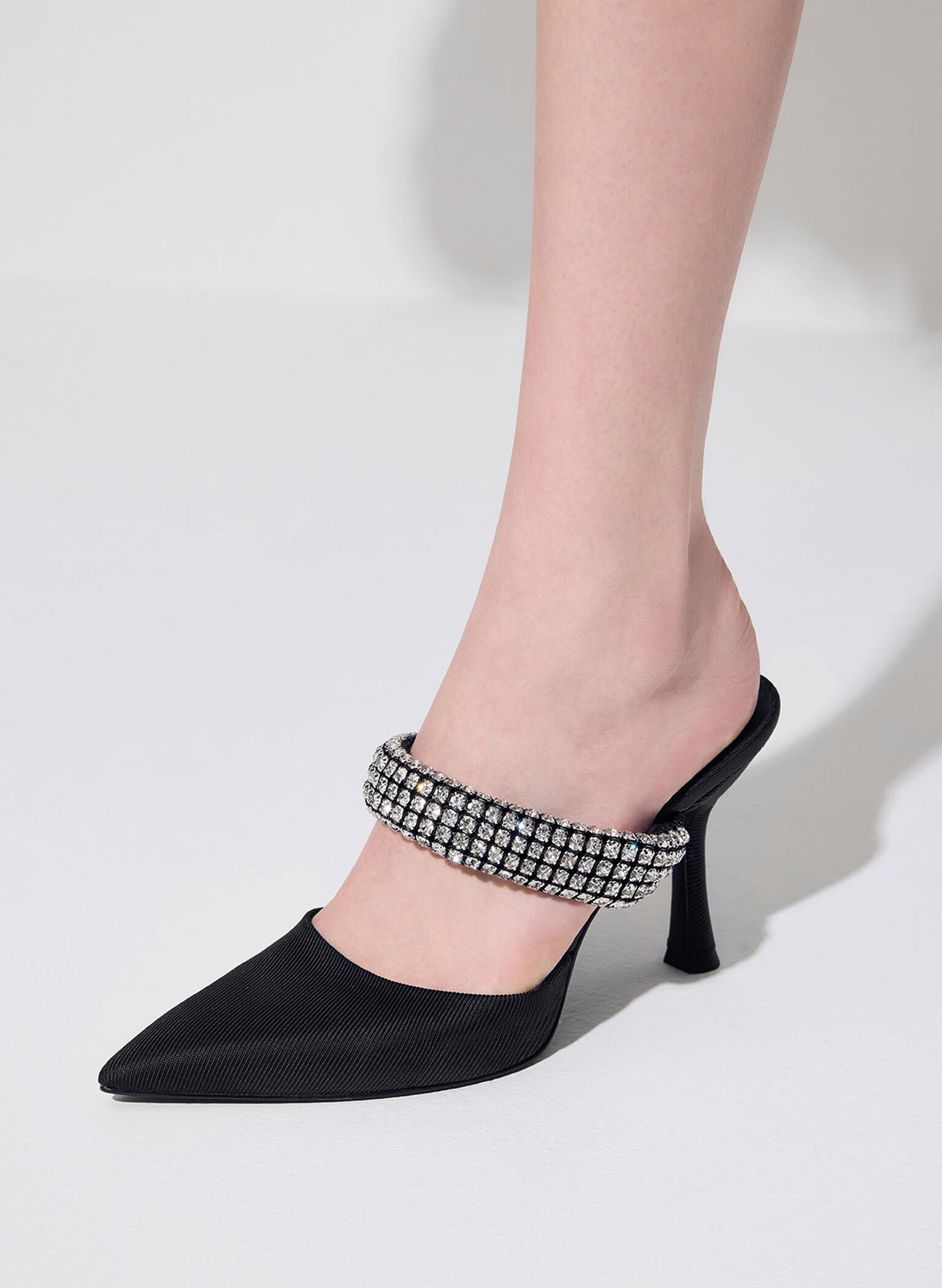 Gem-Embellished Strap Mules, Black, hi-res