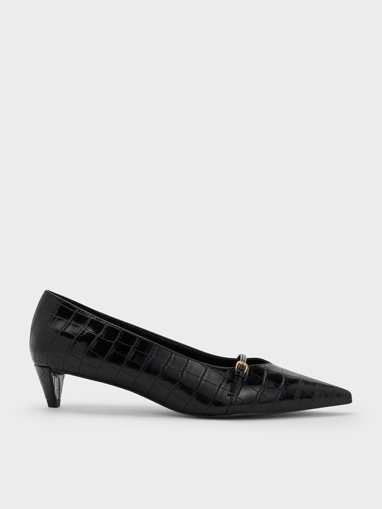 Croc-Effect Buckled Pointed-Toe Kitten-Heel Pumps, Animal Print Black, hi-res