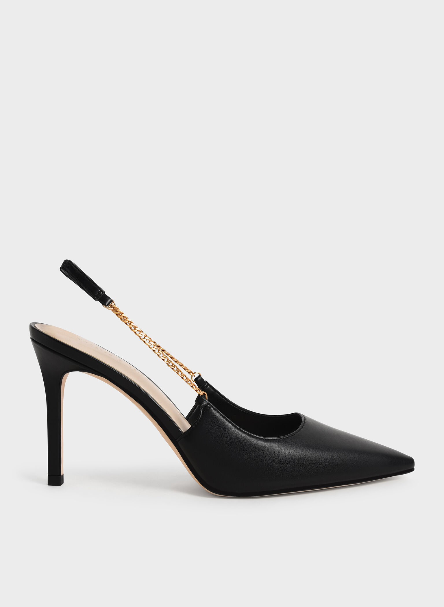 Chain-Link Slingback Stiletto Pumps, Black, hi-res