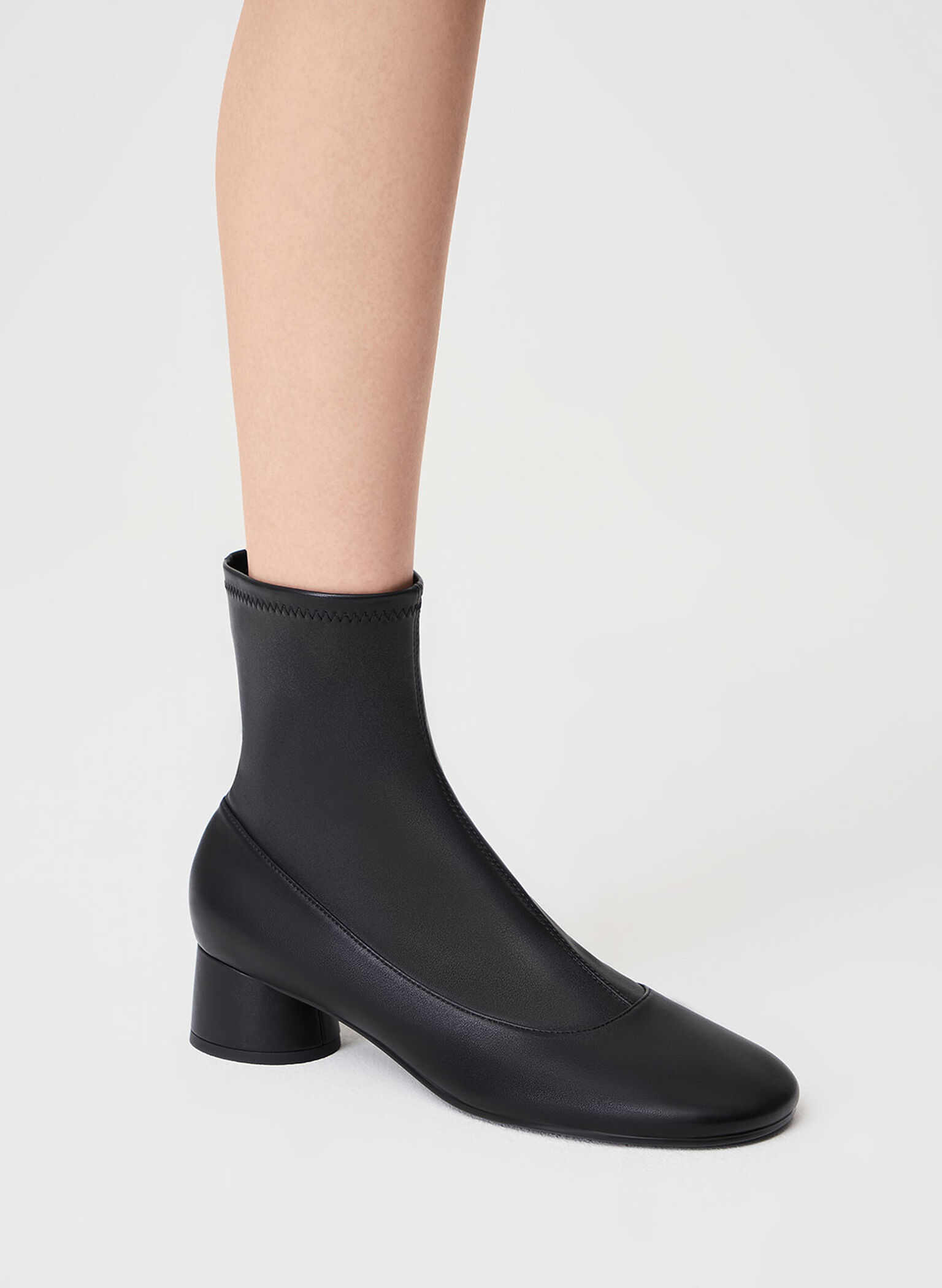 Stitch-Trim Cylindrical Heel Ankle Boots, Black, hi-res