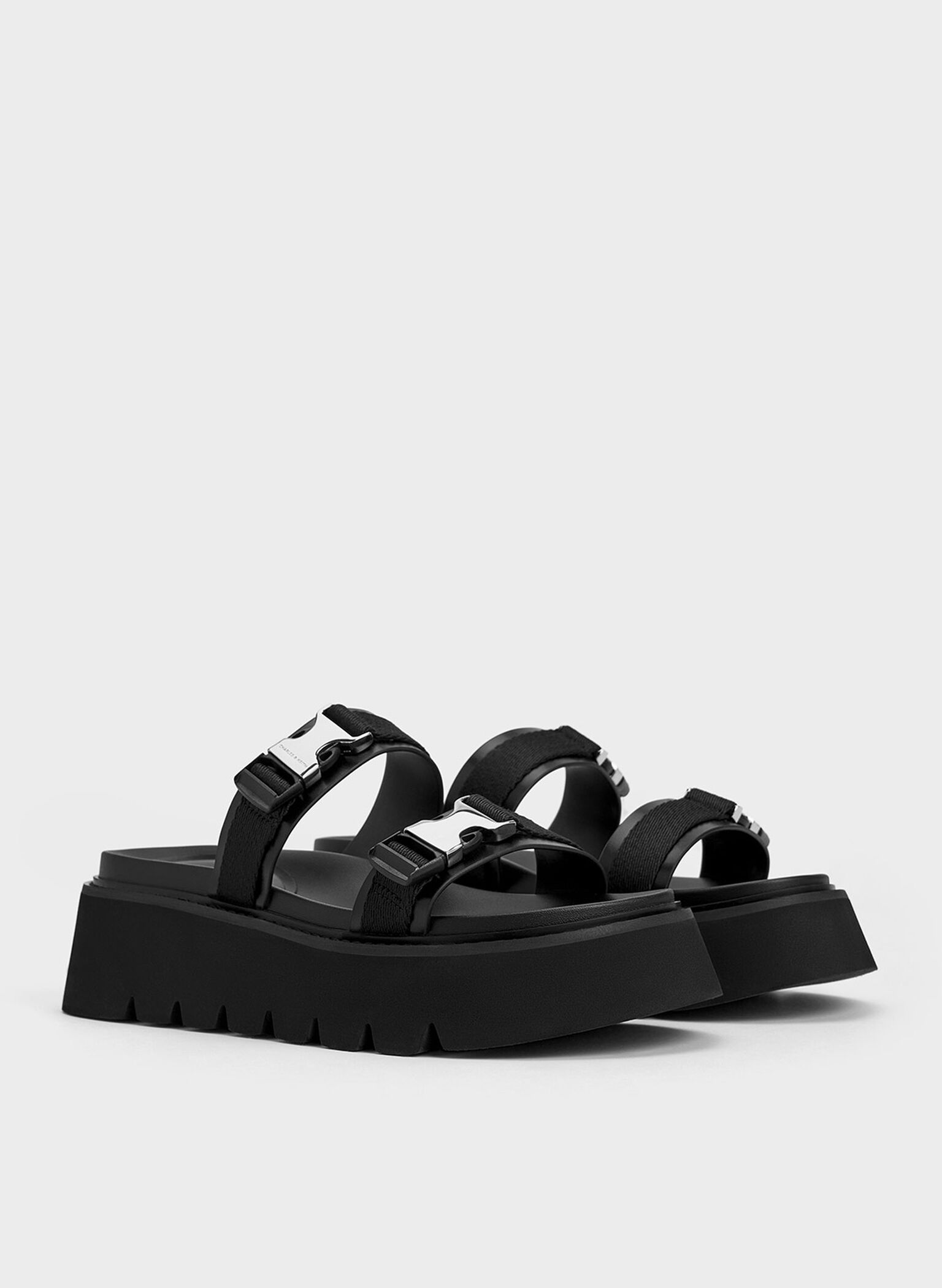 Laine Metallic-Buckle Flatform Sandals, Black, hi-res