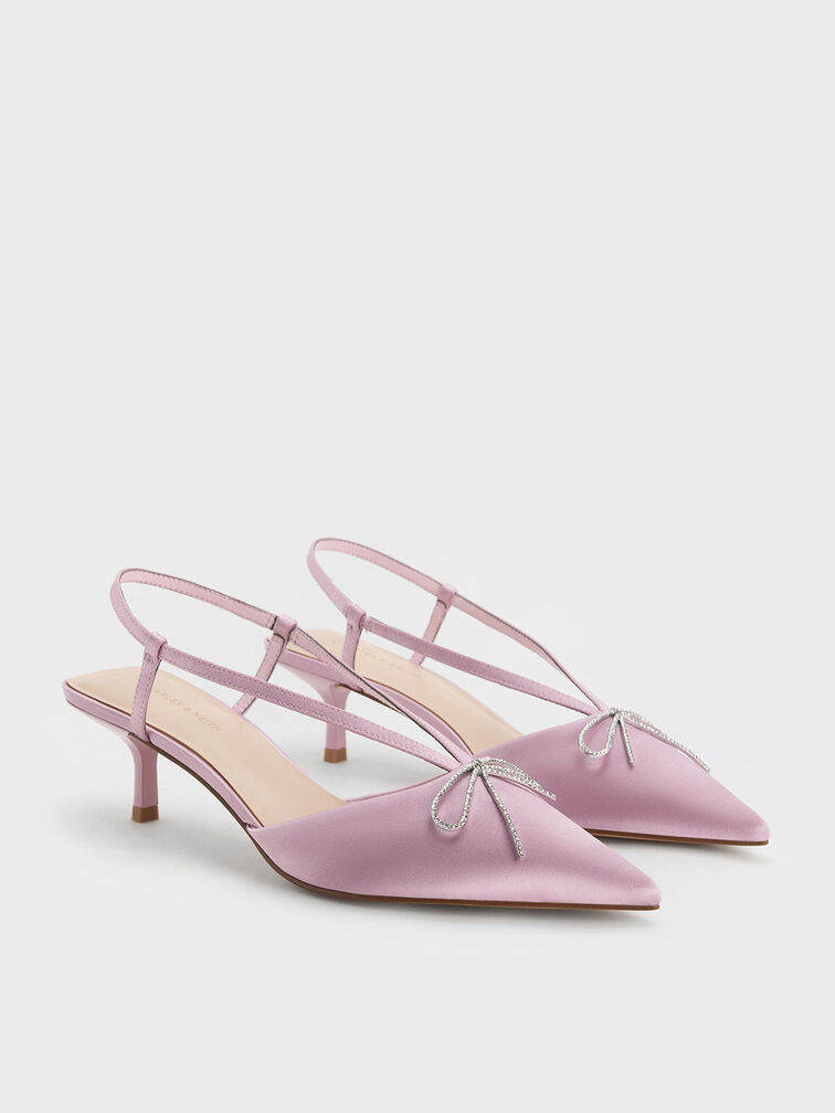Recycled Polyester Crystal-Bow Kitten-Heel Slingback Pumps, Lilac, hi-res