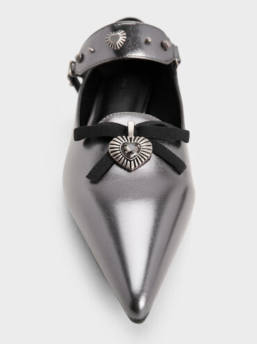 Studded Heart-Embellished Pointed-Toe Mary Janes, Pewter, hi-res