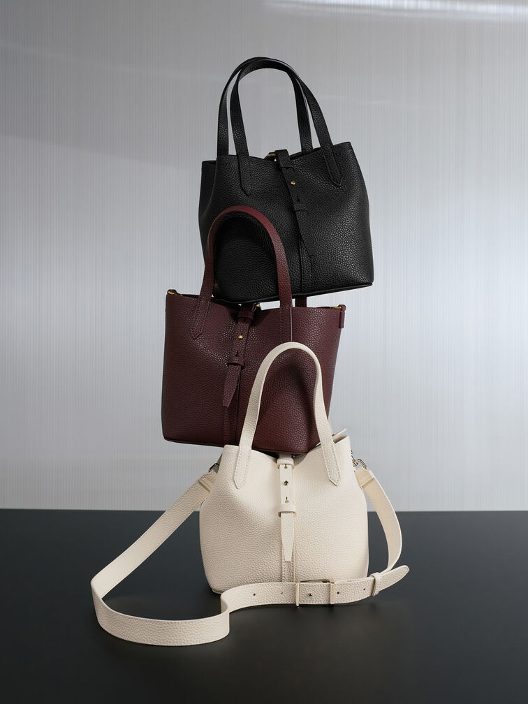 Beryl Recycled Leather Double-Handle Belted Bucket Bag, Wineberry Red, hi-res