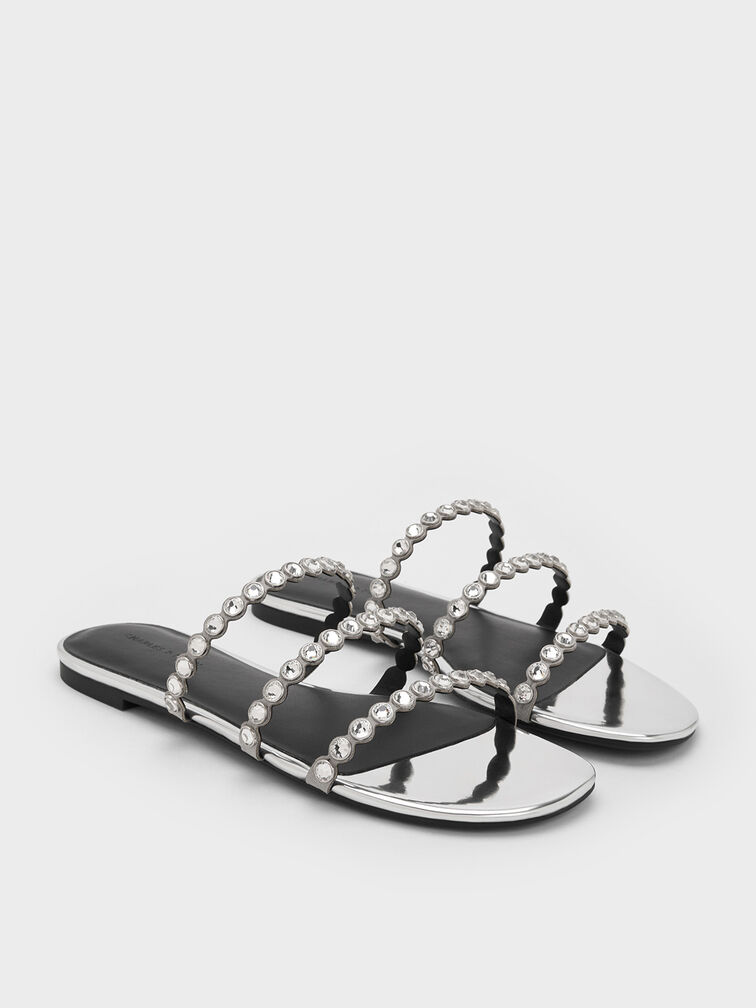 Crystal-Embellished Triple-Strap Sandals, Silver, hi-res