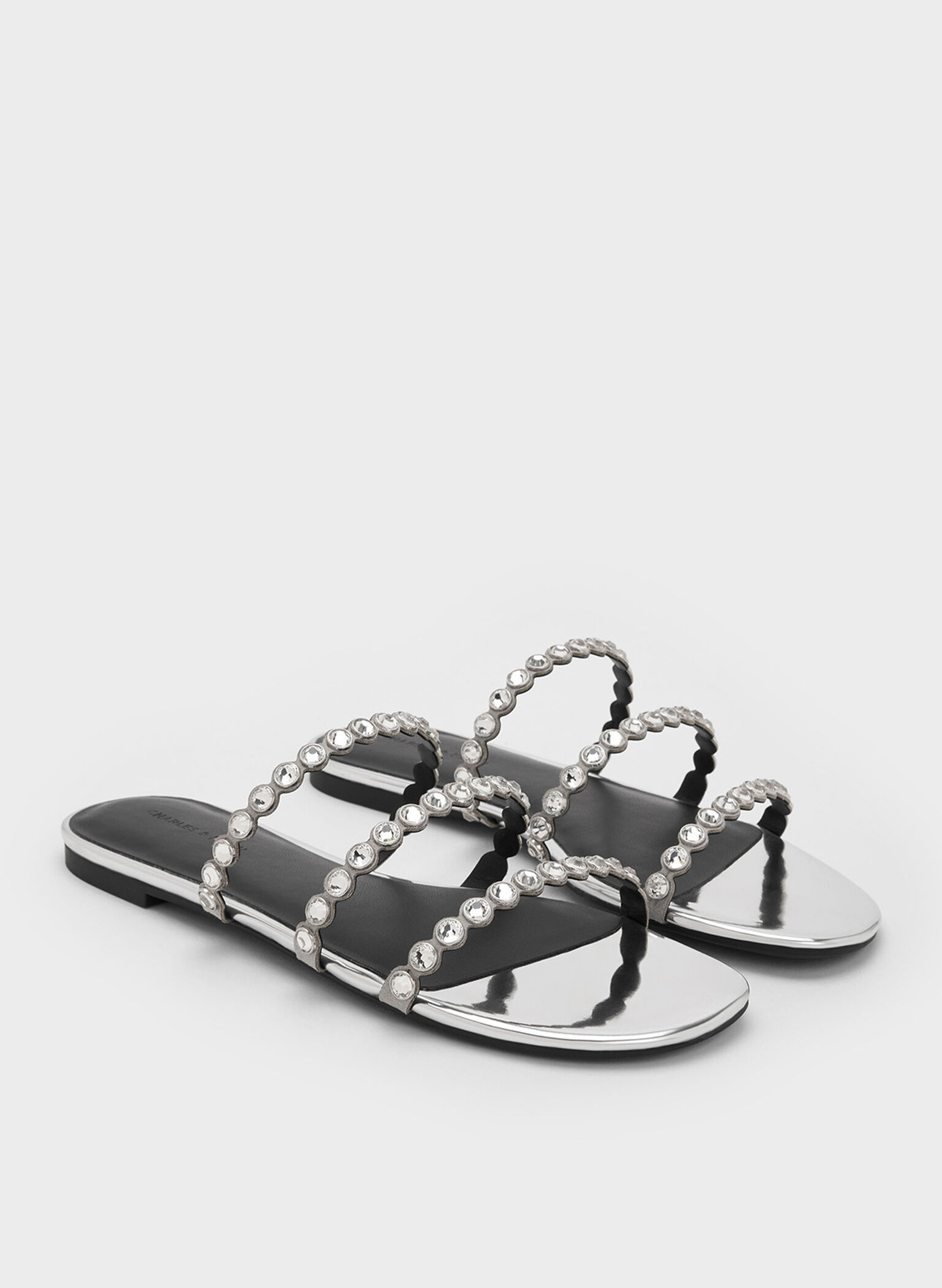 Crystal-Embellished Triple-Strap Sandals, Silver, hi-res