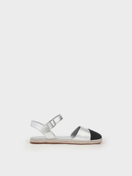 Girls' Two-Tone Ankle-Strap Espadrilles, Silver, hi-res