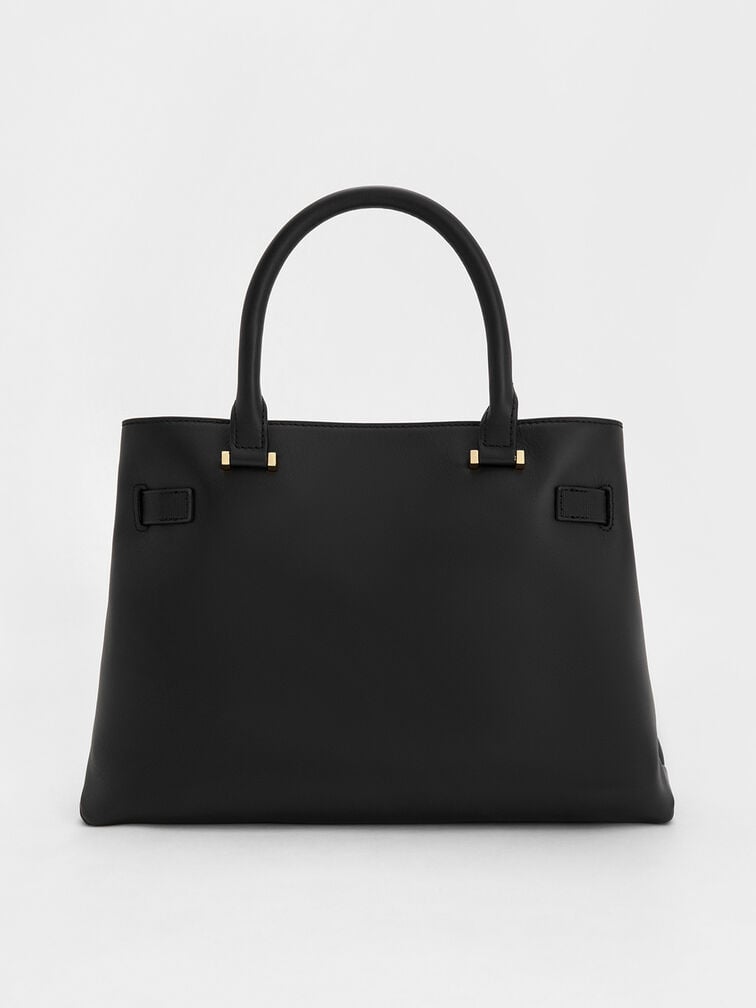 Voyager Leather Belted Trapeze Tote Bag, Black, hi-res