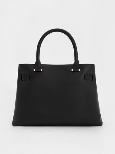 Voyager Leather Belted Trapeze Tote Bag, Black, hi-res