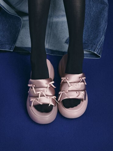 Recycled Polyester Bow Puffy Sports Sandals, Pink, hi-res