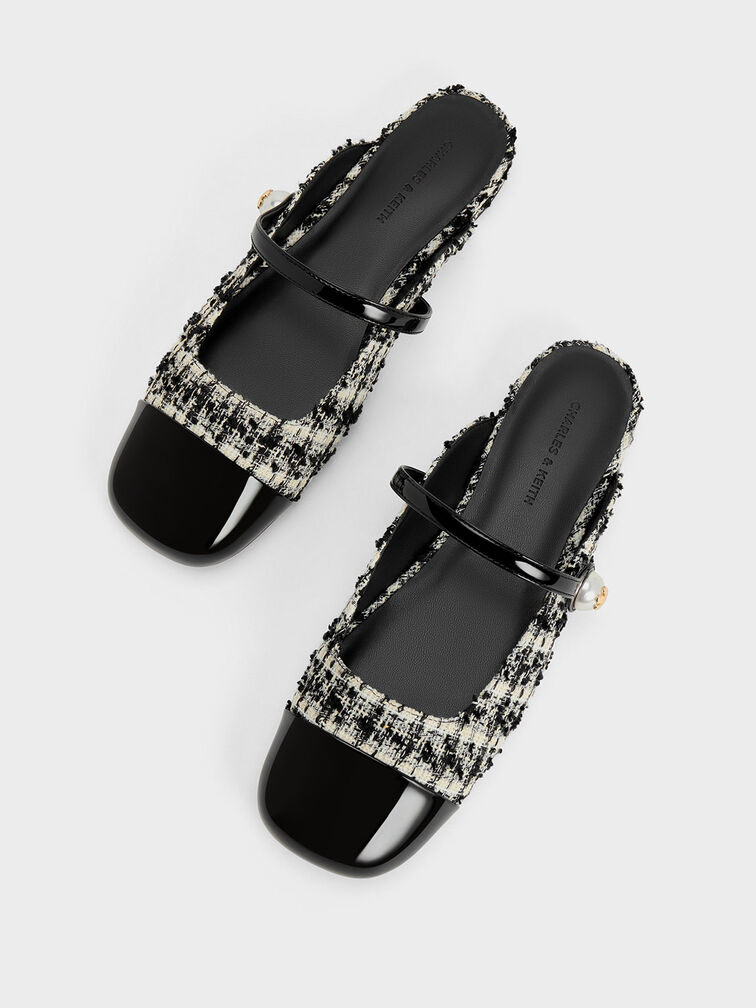 Aeryn Tweed Pearl Embellished Flat Mules, Black Textured, hi-res