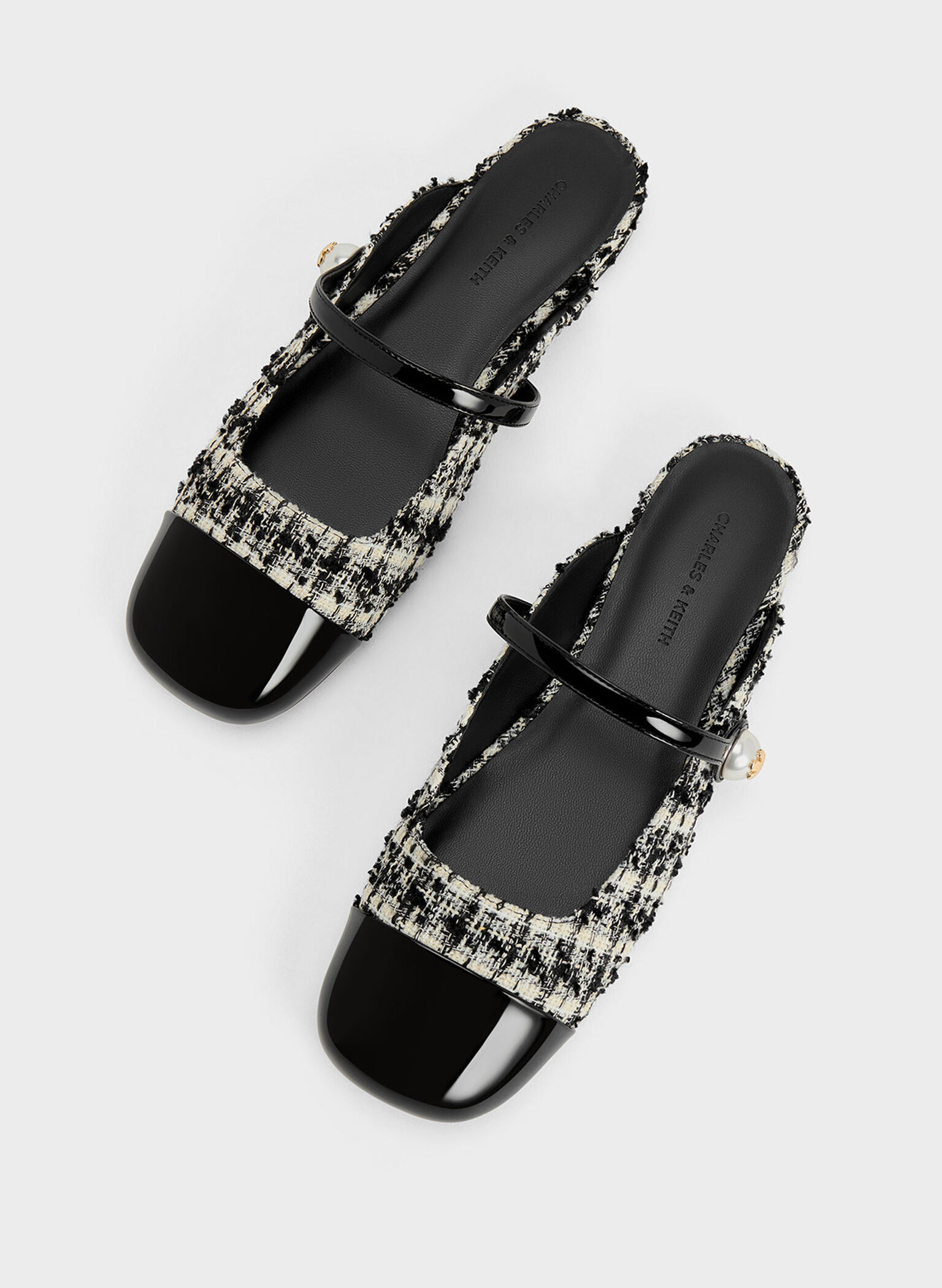 Aeryn Tweed Pearl Embellished Flat Mules, Black Textured, hi-res