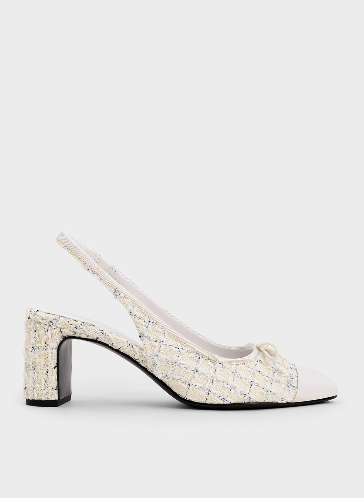 Tweed Bow Cap-Toe Slingback Pumps, Multi, hi-res