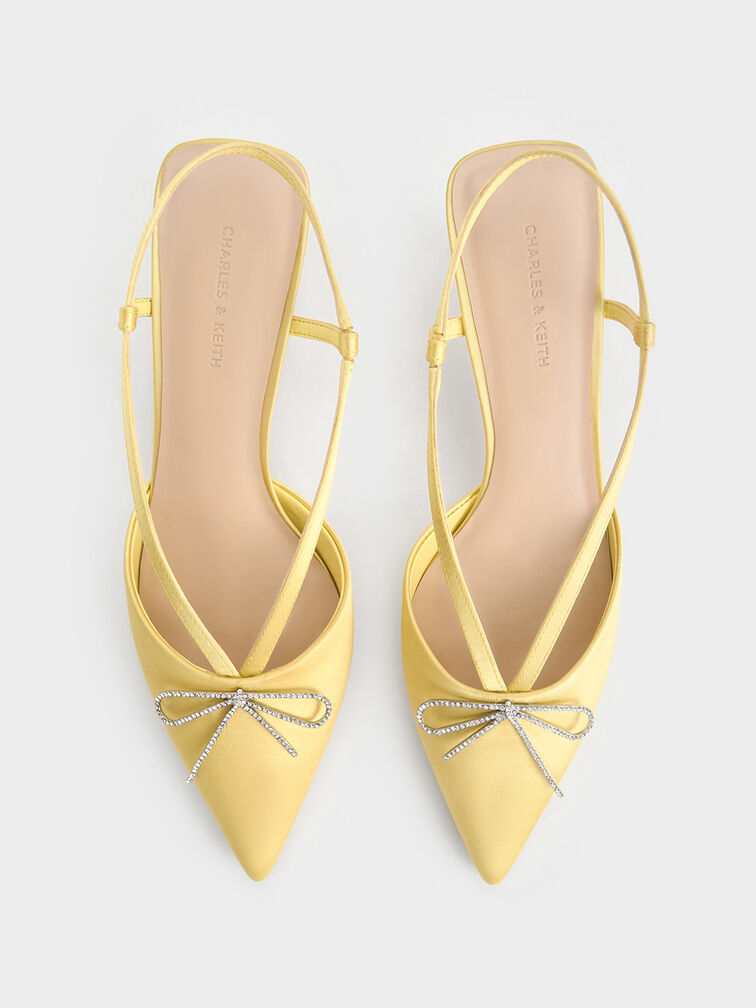 Recycled Polyester Crystal-Bow Kitten-Heel Slingback Pumps, Yellow, hi-res