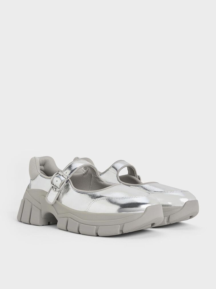 Yunna Metallic Leather & Recycled Fabric Mary Jane Sneakers, Silver, hi-res